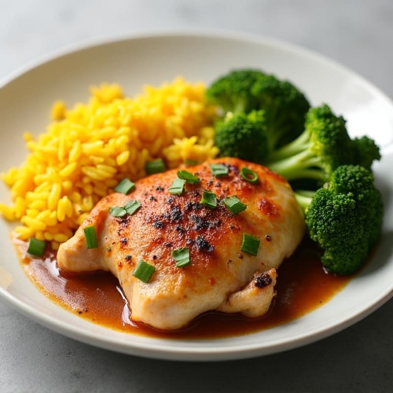 Tender Braised Chicken with Fluffy Turmeric Rice and Steamed Broccoli