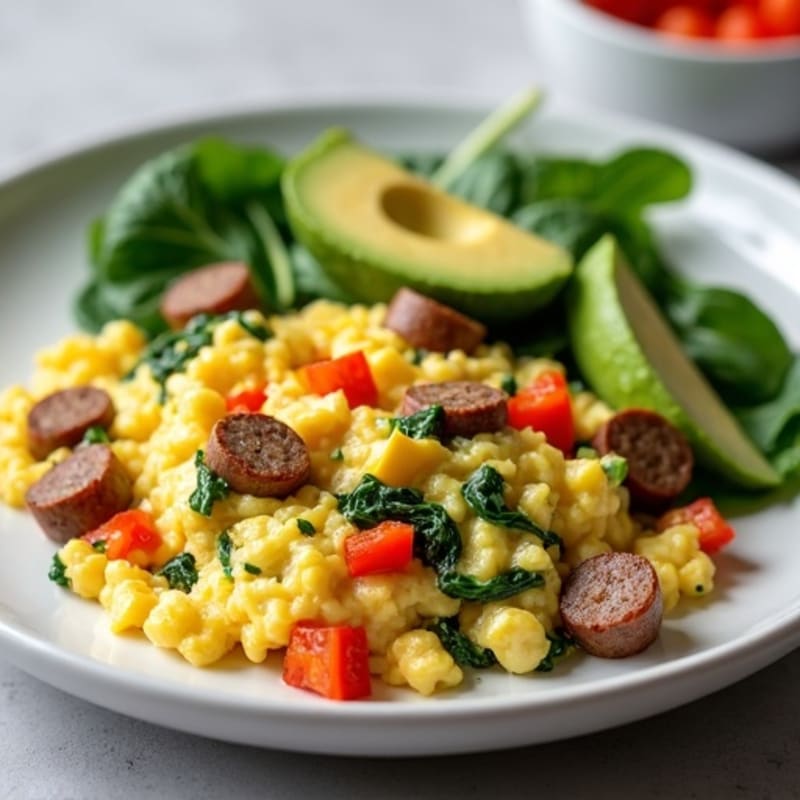 Egg White Scramble with Turkey Sausage and Sautéed Spinach