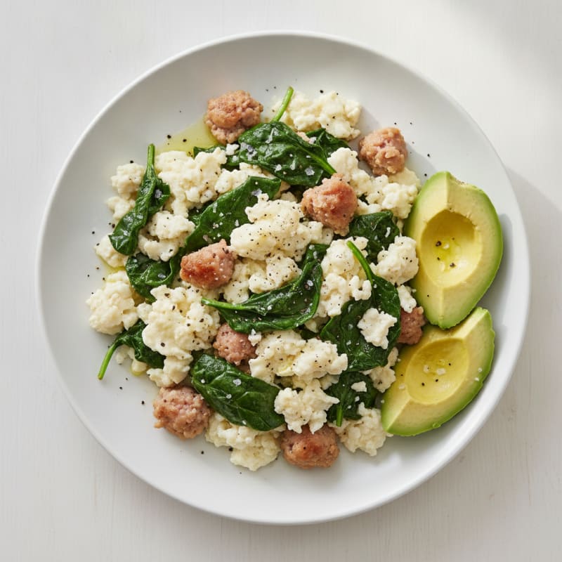 Egg White and Turkey Sausage Scramble with Sautéed Spinach