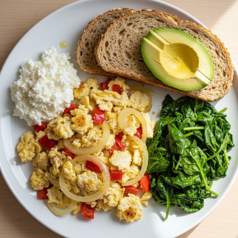 Egg White Vegetable Scramble with Cottage Cheese and Sautéed Spinach
