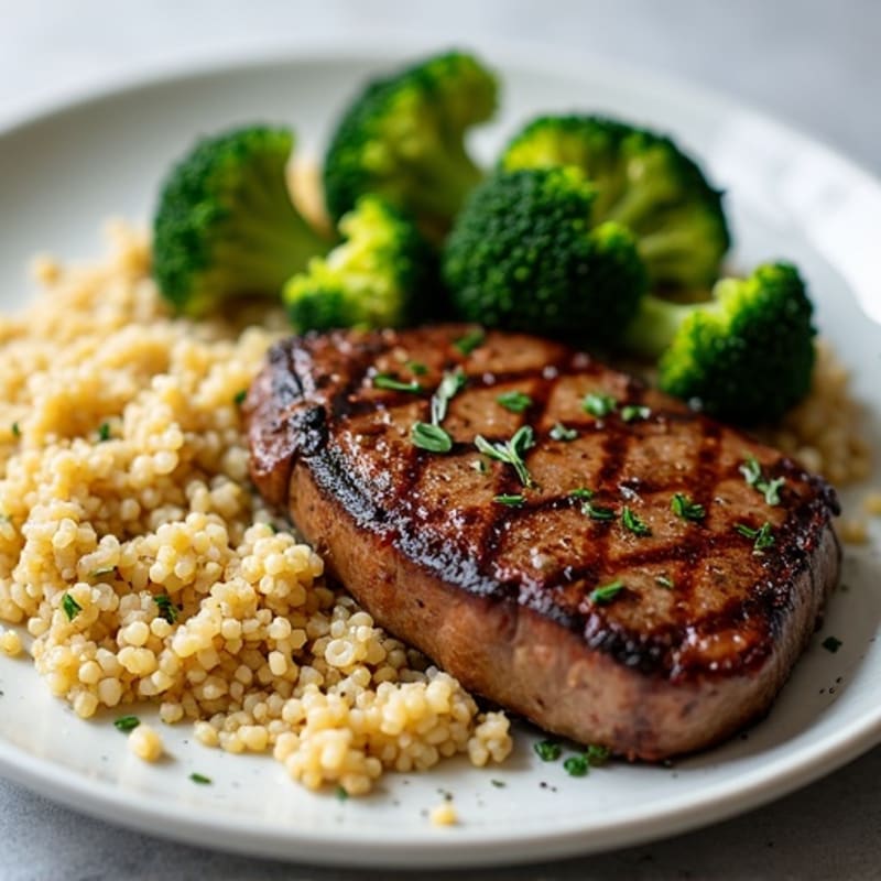 Grilled Beef Steak with Quinoa and Roasted Broccoli