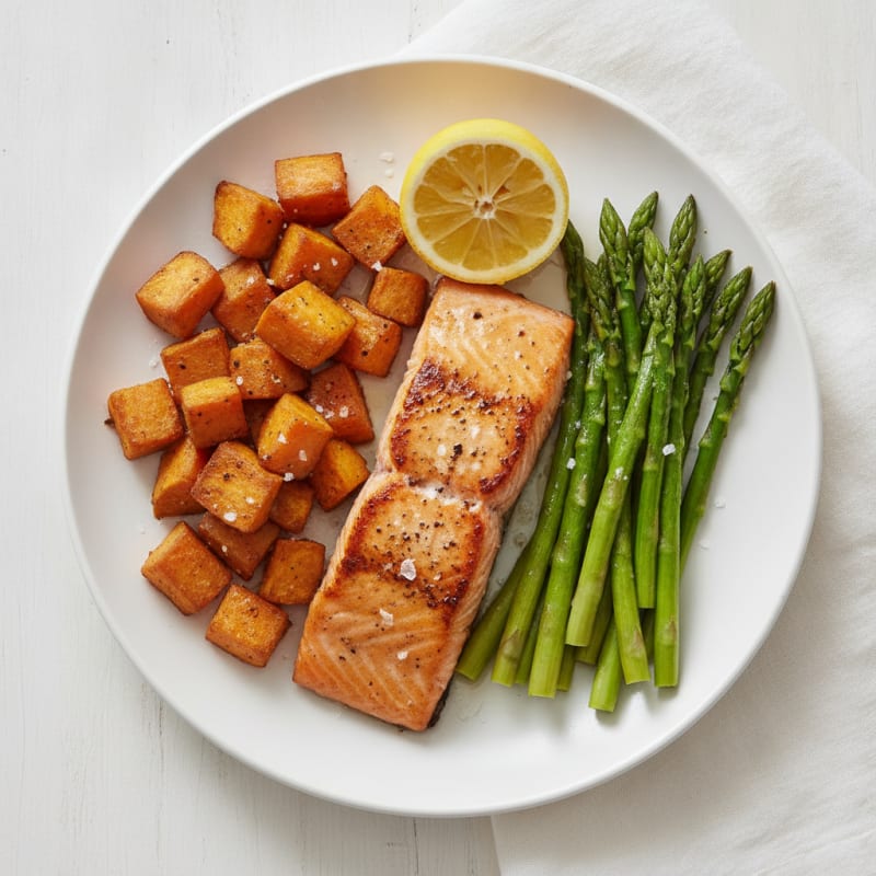 Seared Salmon with Roasted Sweet Potato and Asparagus