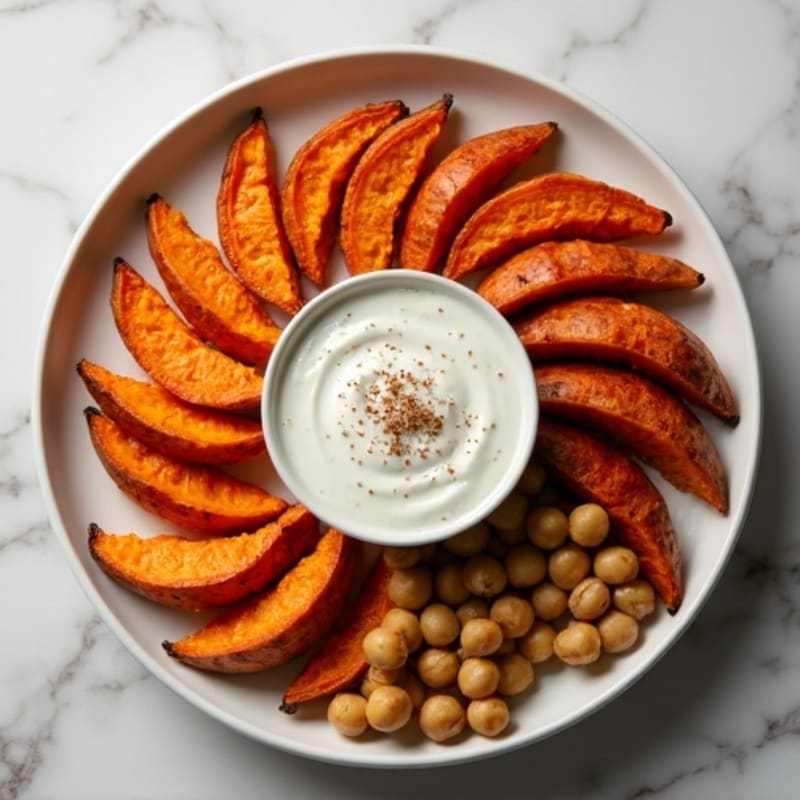 Crispy Baked Sweet Potato Wedges with Protein-Packed Yogurt & Chickpea Dip