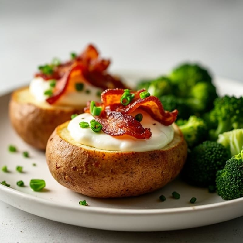Crispy Bacon and Creamy Chive Stuffed Potatoes with Roasted Broccoli