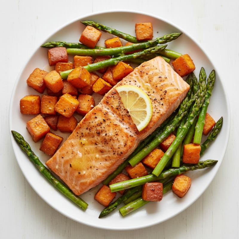 Seared Salmon with Roasted Sweet Potatoes and Asparagus