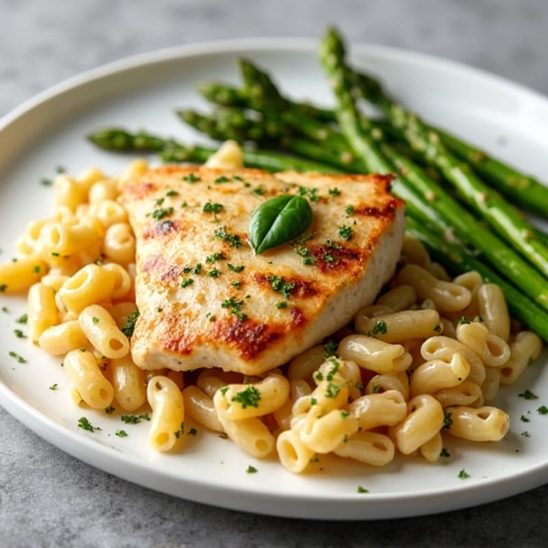 Chicken Pasta with Lemon Herb Sauce and Roasted Asparagus