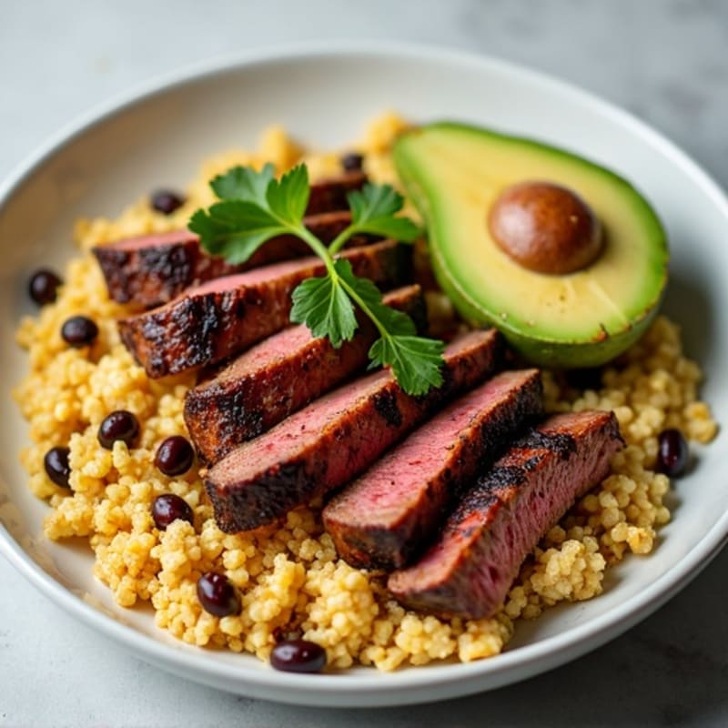 Seared Lean Beef with Spiced Cauliflower Rice and Avocado