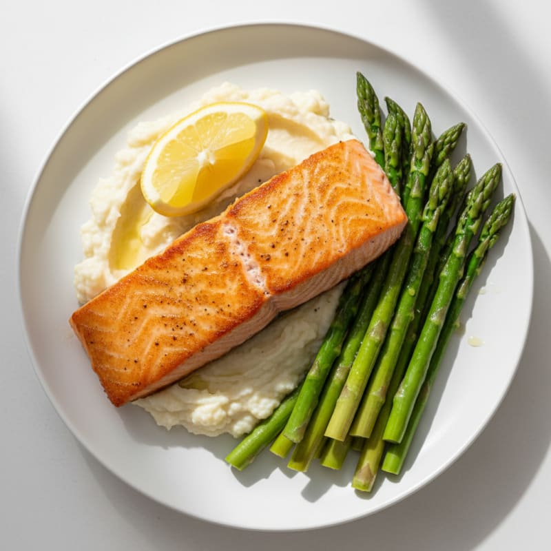 Seared Salmon with Steamed Asparagus and Cauliflower Mash