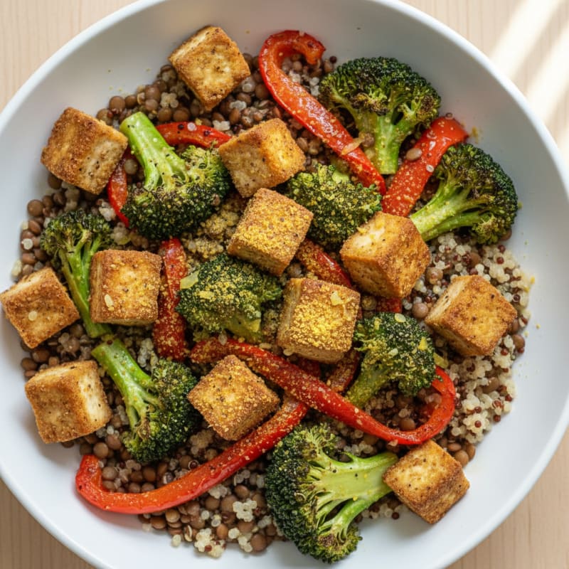 Crunchy Lentil and Quinoa Grain Bowl with Roasted Broccoli and Bell Peppers