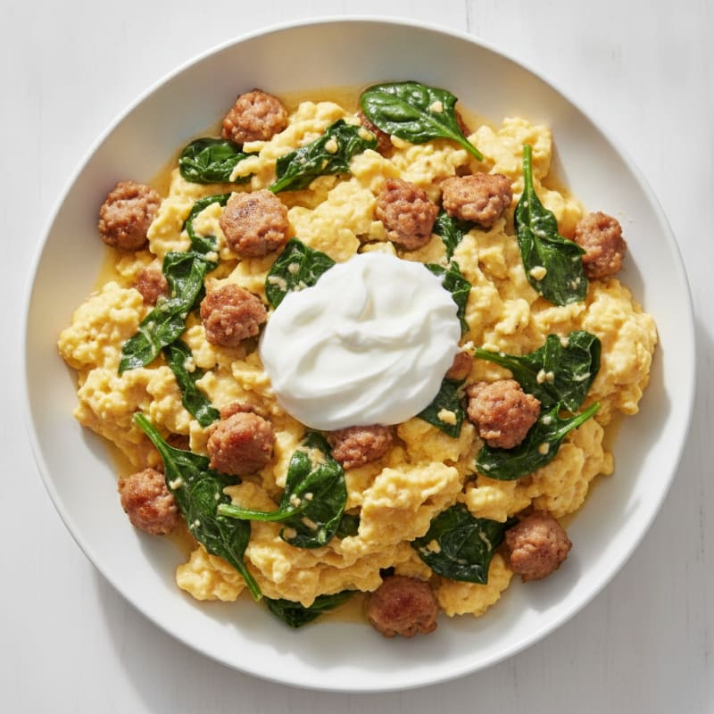 Creamy Scrambled Eggs with Turkey Sausage and Sautéed Spinach