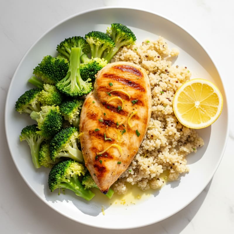 Grilled Chicken Breast with Steamed Broccoli and Quinoa