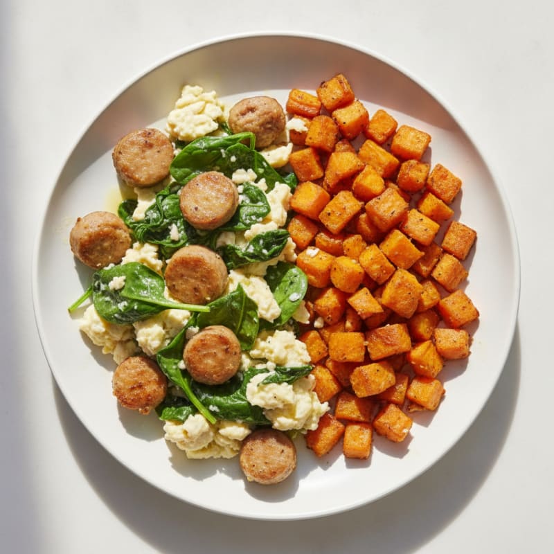 Egg White and Turkey Sausage Scramble with Spinach and Sweet Potato Hash
