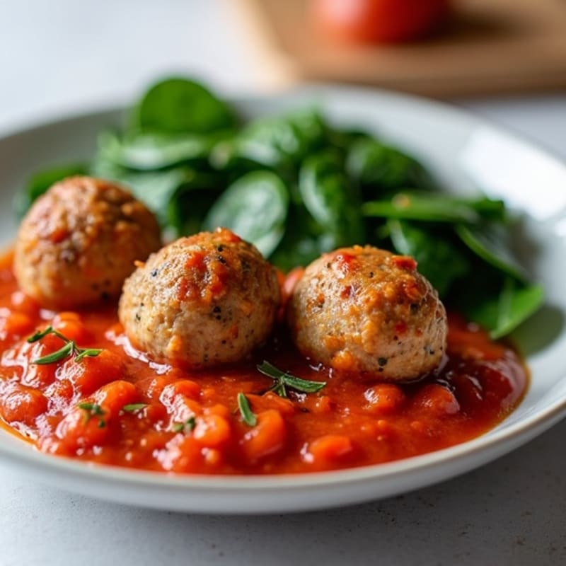 Lean Turkey Meatballs with Fresh Tomato Sauce and Sautéed Spinach