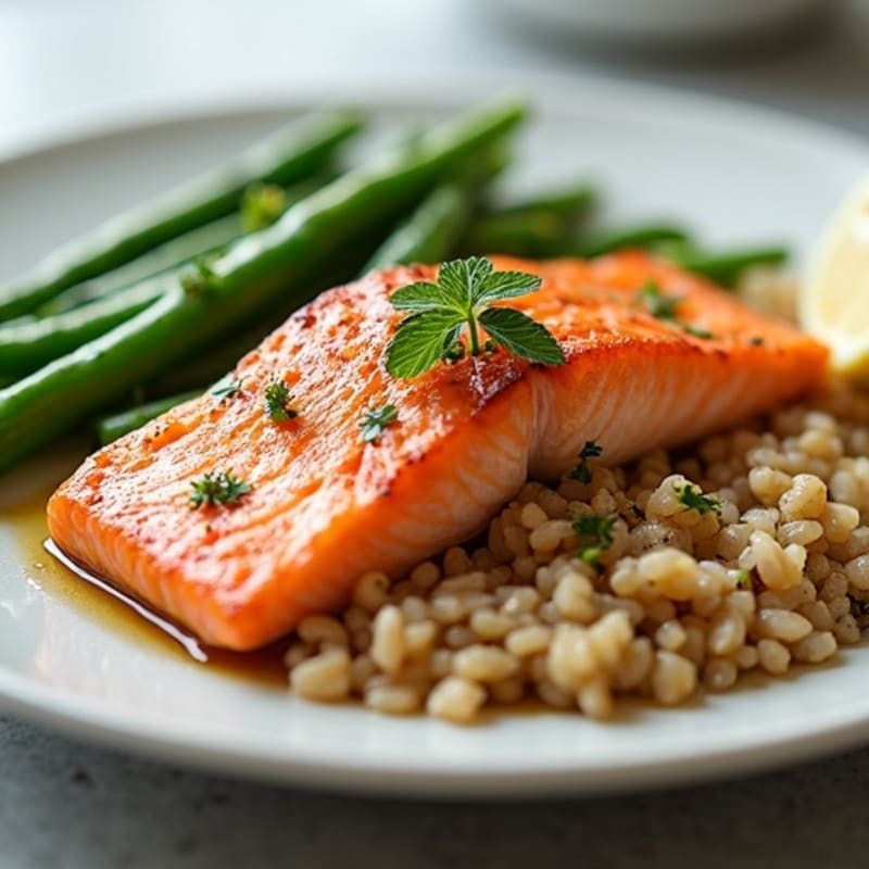 Seared Salmon with Garlic Green Beans and Brown Rice