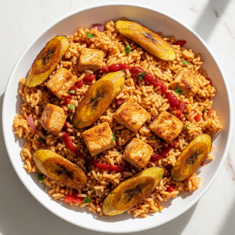 Smoky Tomato Jollof Rice with Plantains