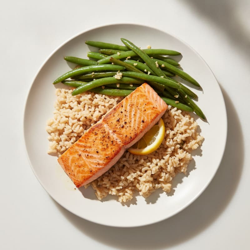 Seared Salmon with Garlic Green Beans and Brown Rice