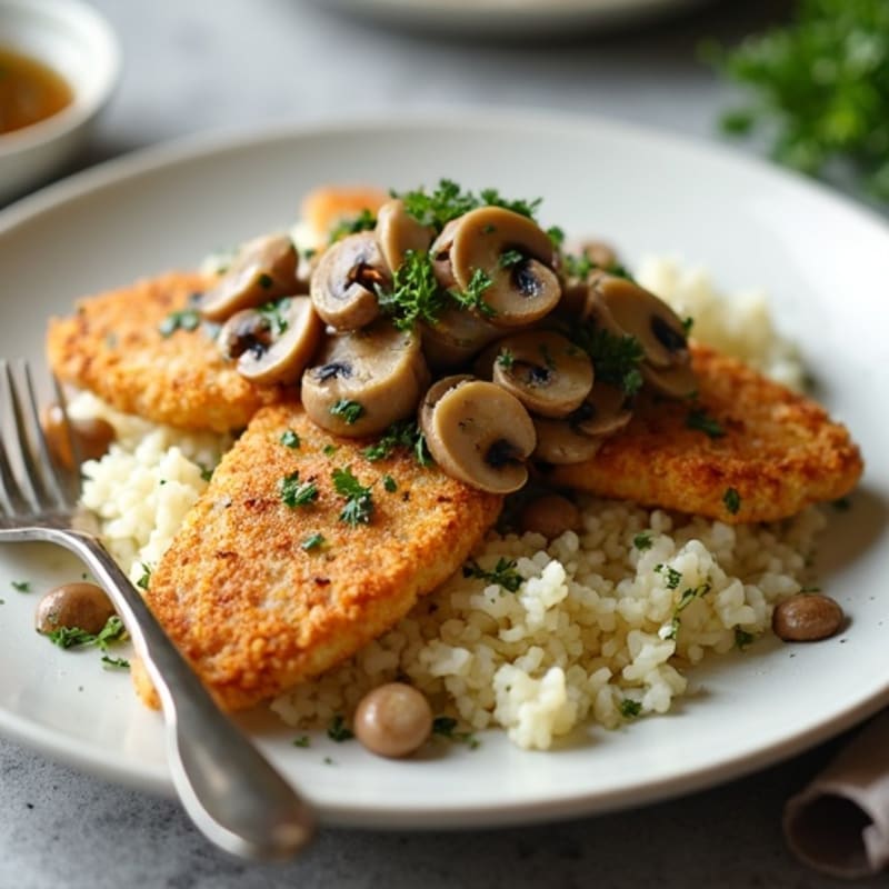 Herb-Crusted Turkey Cutlets with Mushroom Gravy over Cauliflower Rice