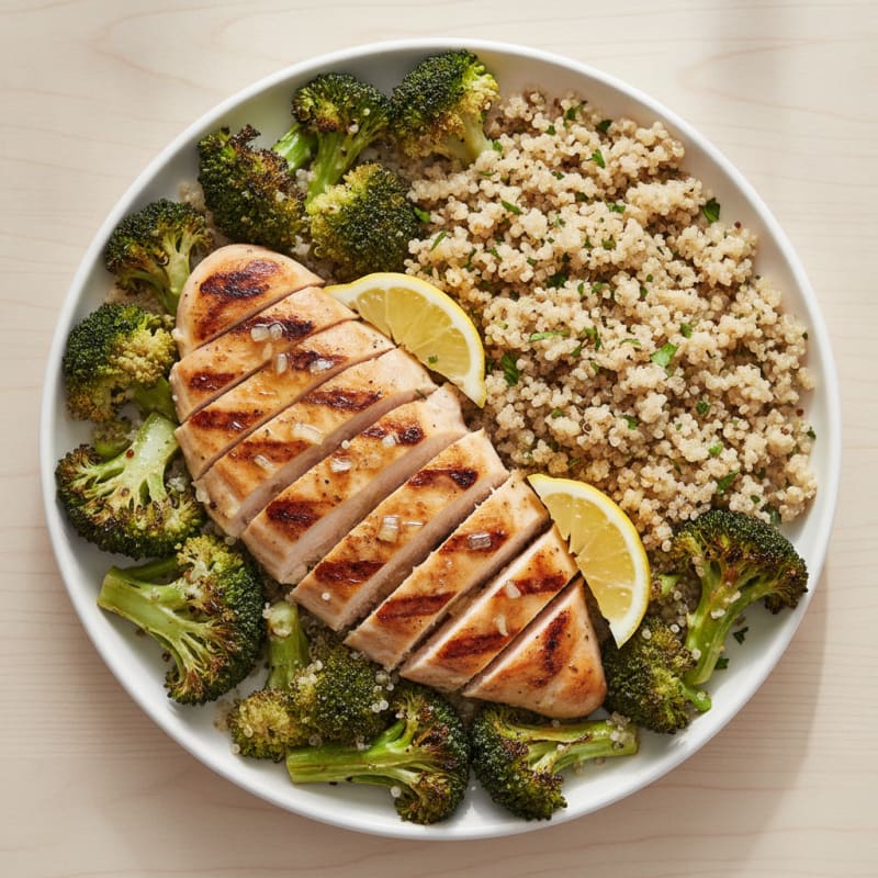 Grilled Chicken Breast with Roasted Broccoli and Quinoa