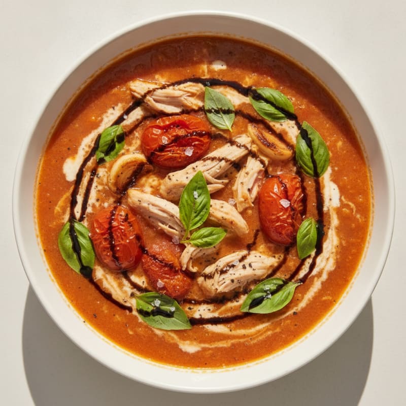 Roasted Tomato Basil Soup with Shredded Chicken