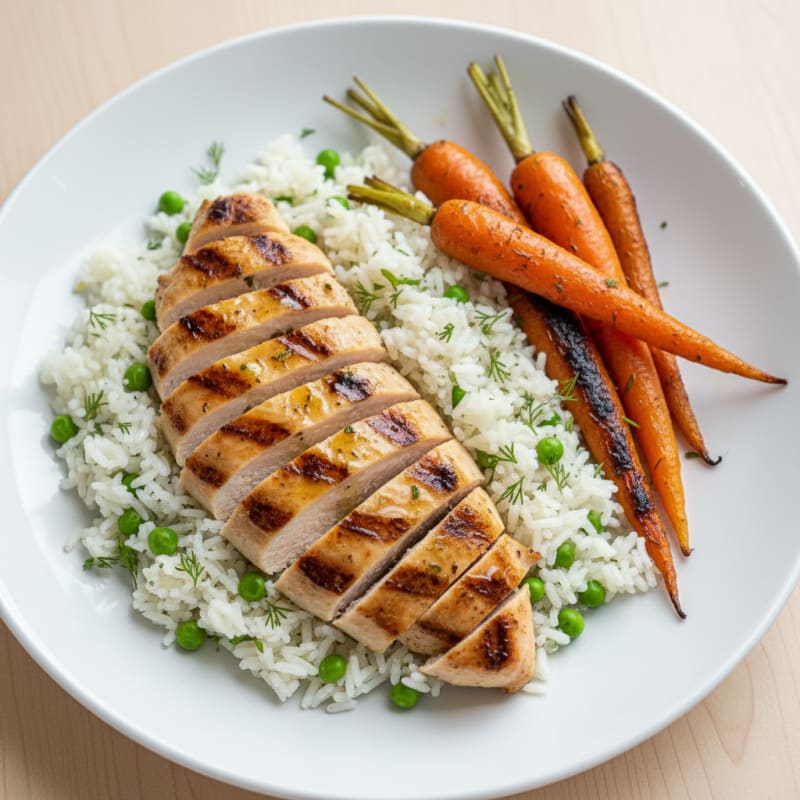 Grilled Chicken Breast with Herb Rice and Roasted Carrots