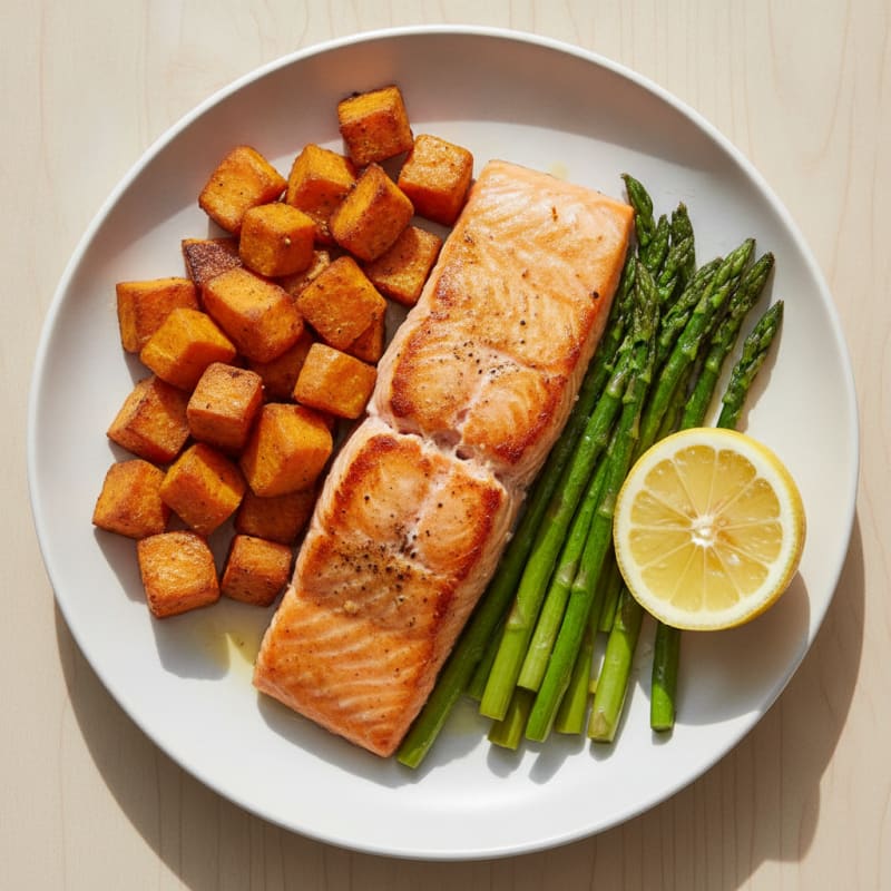 Seared Salmon with Roasted Sweet Potatoes and Asparagus