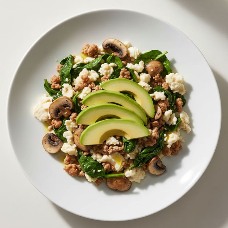 Egg White and Turkey Spinach Scramble with Sautéed Mushrooms