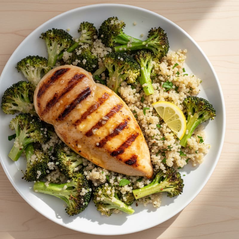 Grilled Chicken Breast with Roasted Broccoli and Quinoa
