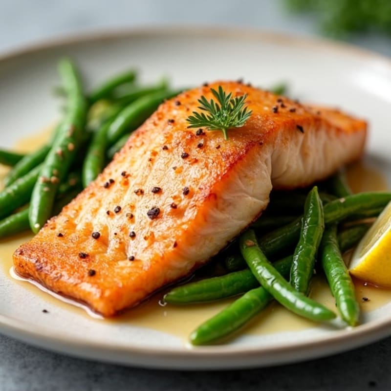 Crispy Pan-Seared Salmon with Lemon-Garlic Green Beans