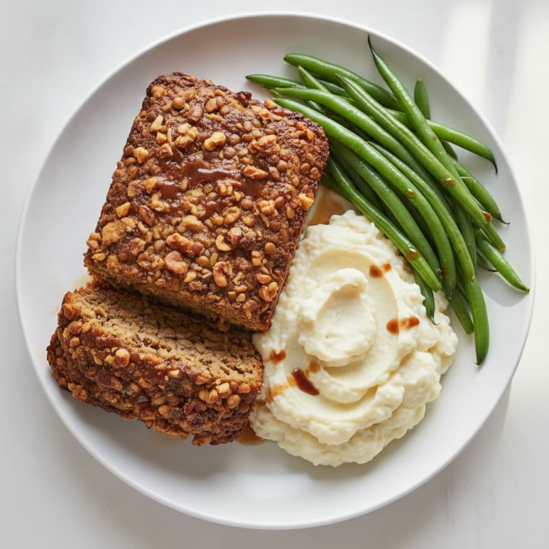Lentil Walnut Loaf with Steamed Green Beans and Mashed Cauliflower