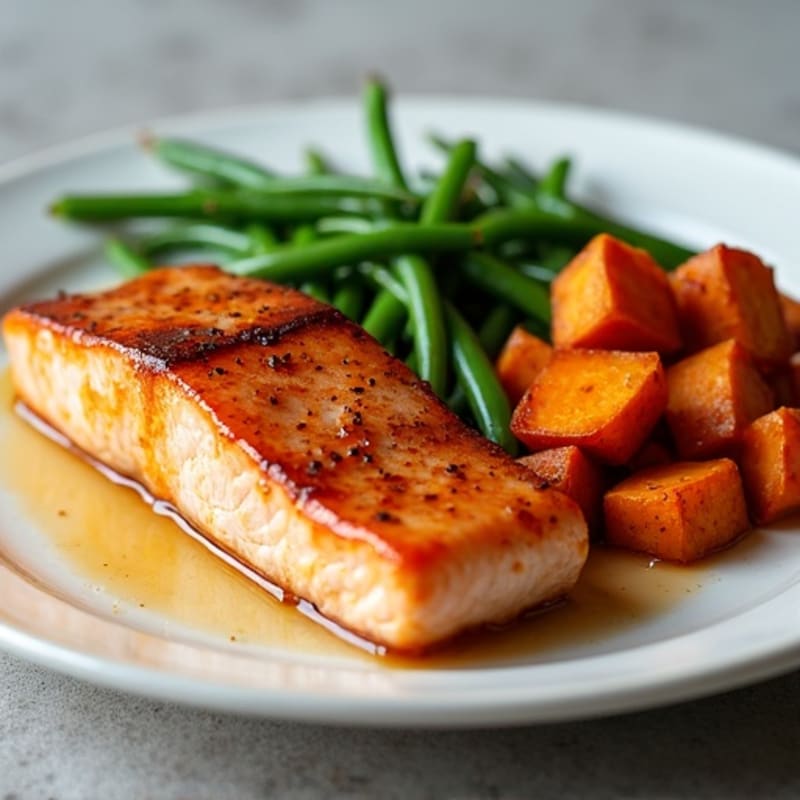 Maple-Glazed Salmon with Crispy Roasted Sweet Potatoes and Green Beans