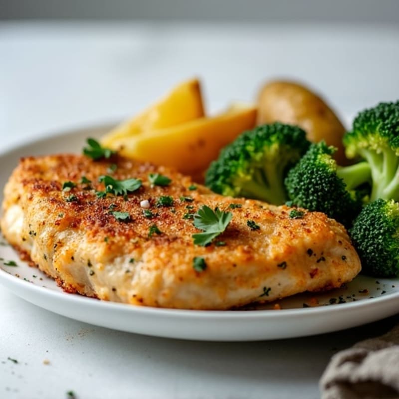 Crispy Roasted Potatoes with Herb-Crusted Chicken and Roasted Broccoli