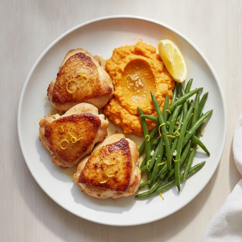 Seared Chicken Thighs with Garlic Green Beans and Sweet Potato Mash