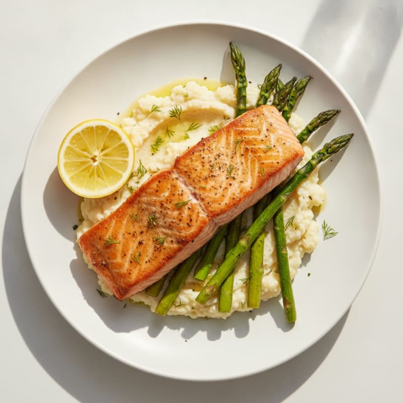 Seared Salmon with Roasted Asparagus and Cauliflower Mash