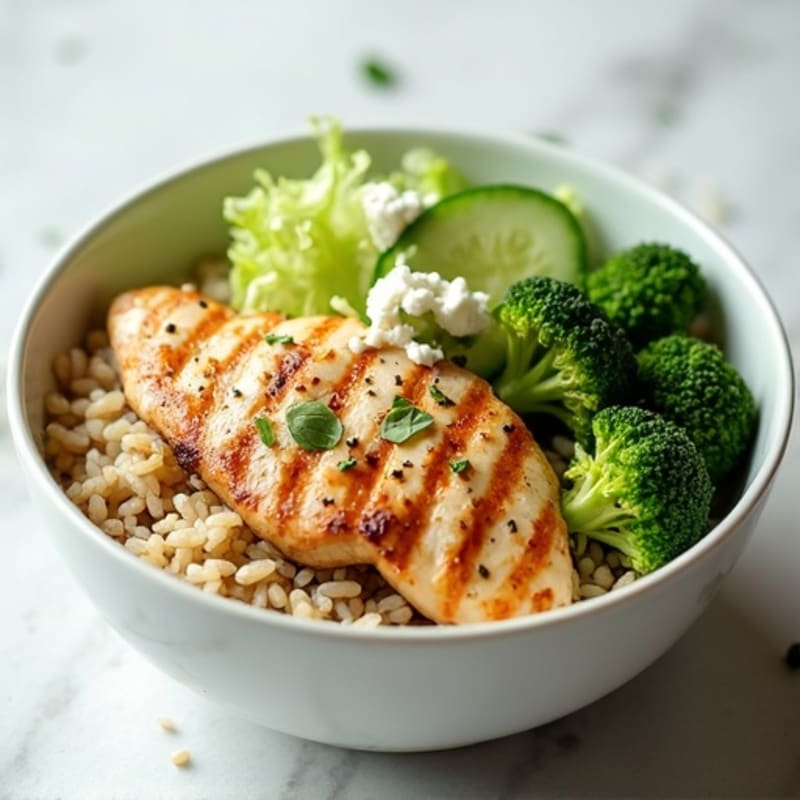 Grilled Chicken and Broccoli Rice Bowl with Cucumber Salad