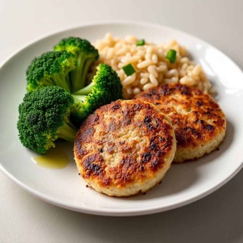 Seared Turkey Patties with Steamed Broccoli and Brown Rice