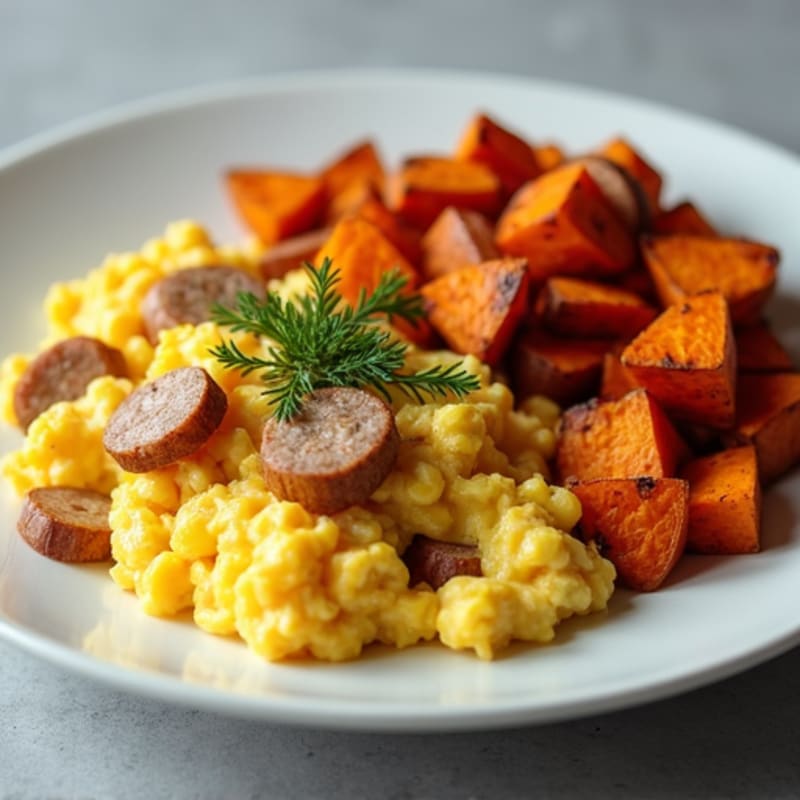Egg White and Turkey Sausage Scramble with Roasted Sweet Potatoes