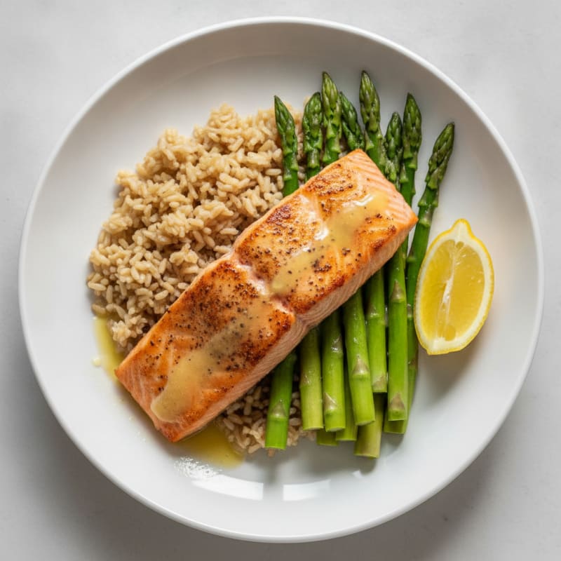 Seared Salmon Fillet with Steamed Asparagus and Brown Rice