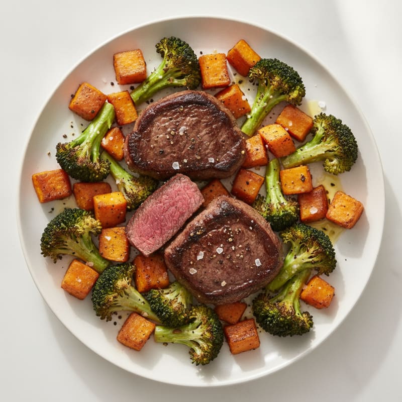 Seared Lean Beef with Roasted Broccoli and Sweet Potato