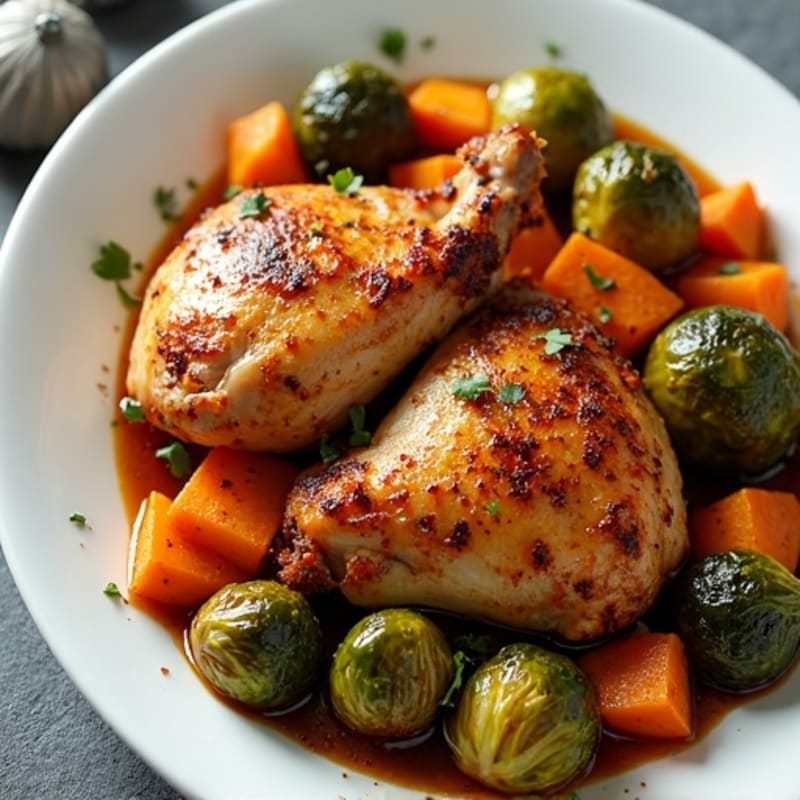 Sheet Pan Roasted Chicken Thighs with Crispy Brussels Sprouts and Sweet Potatoes