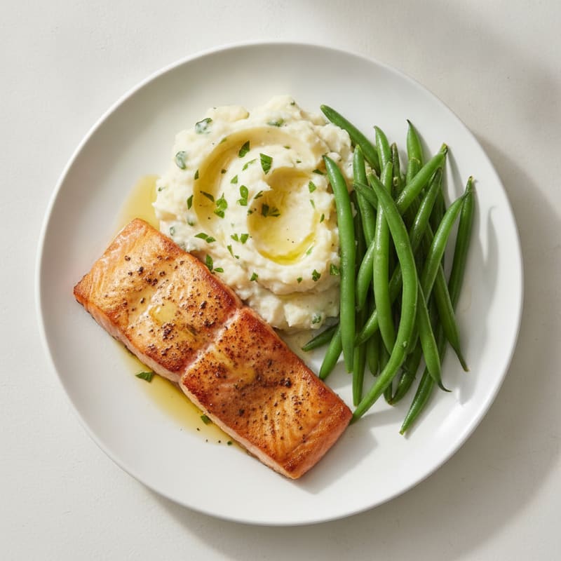 Seared Salmon with Garlic Mashed Potatoes and Steamed Green Beans