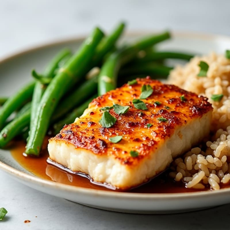 Seared Miso-Glazed Cod with Garlic Sautéed Green Beans and Brown Rice