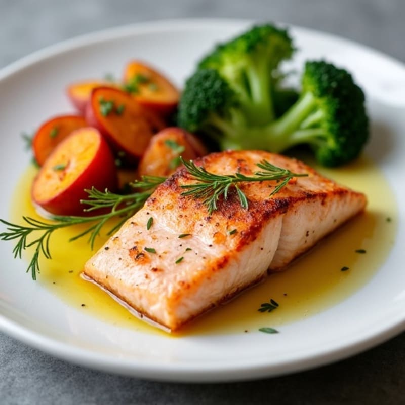 Seared Salmon with Roasted Sweet Potato and Steamed Broccoli