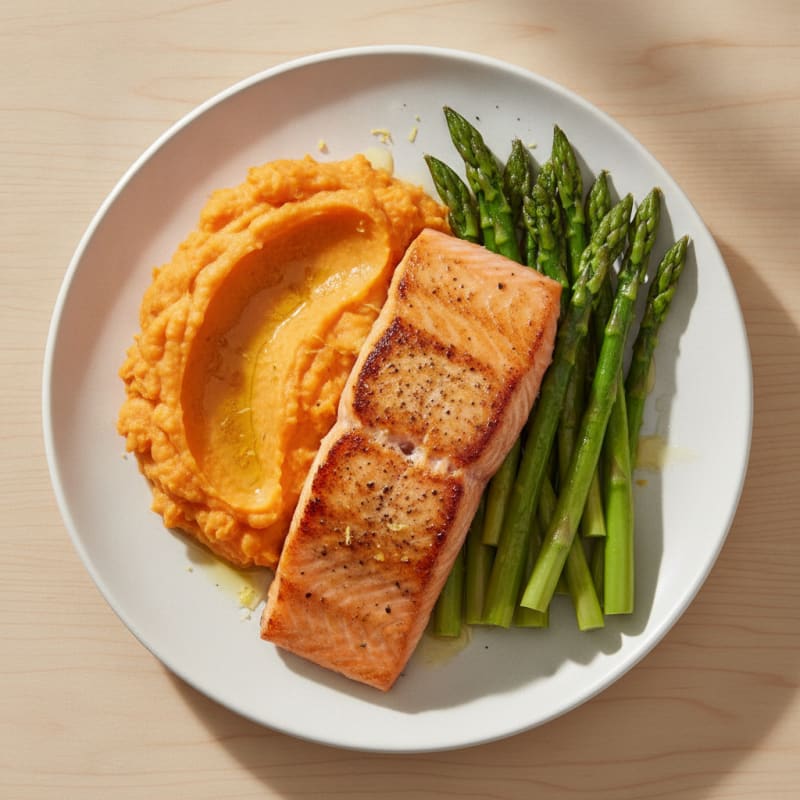 Seared Salmon with Steamed Asparagus and Mashed Sweet Potato