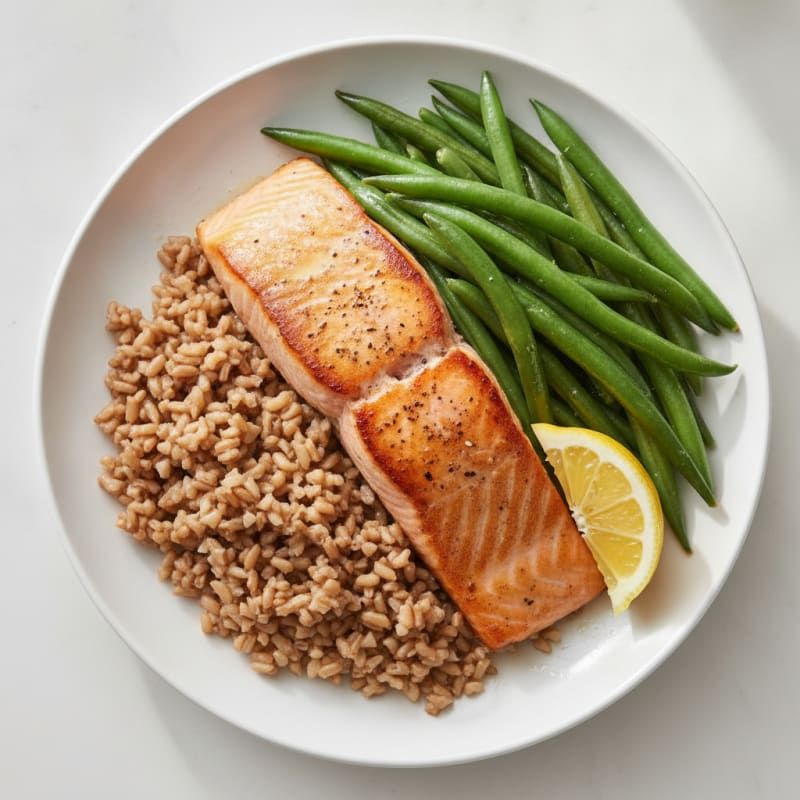 Seared Salmon with Steamed Green Beans and Brown Rice
