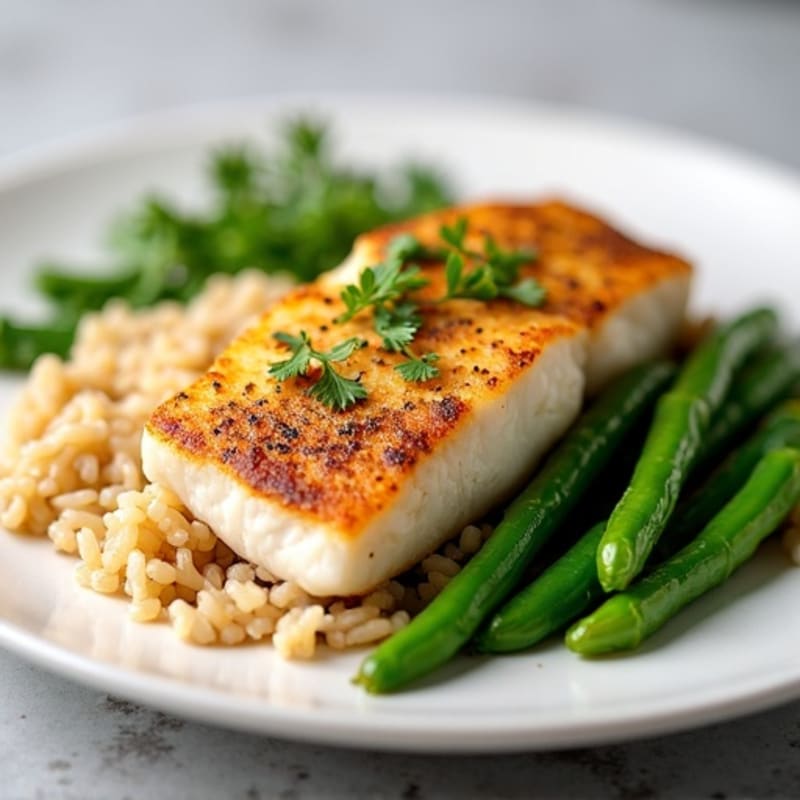 Seared Cod with Garlic Green Beans and Brown Rice