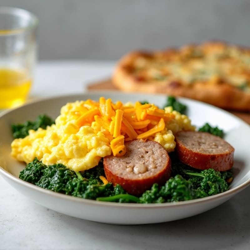 Scrambled Eggs with Turkey Sausage and Sautéed Spinach