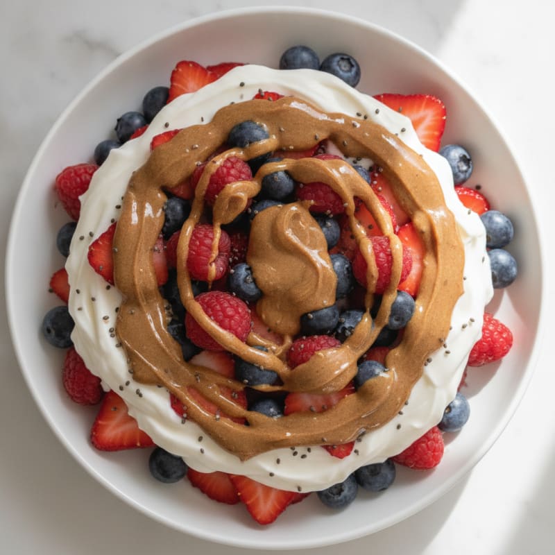 Thick Greek Yogurt Protein Parfait with Mixed Berries and Almond Butter