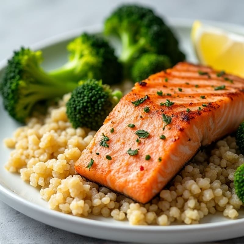 Seared Salmon with Steamed Broccoli and Quinoa