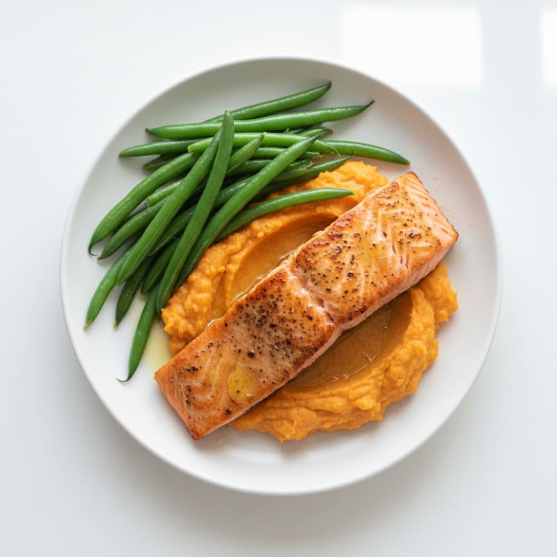 Seared Salmon with Steamed Green Beans and Sweet Potato Mash