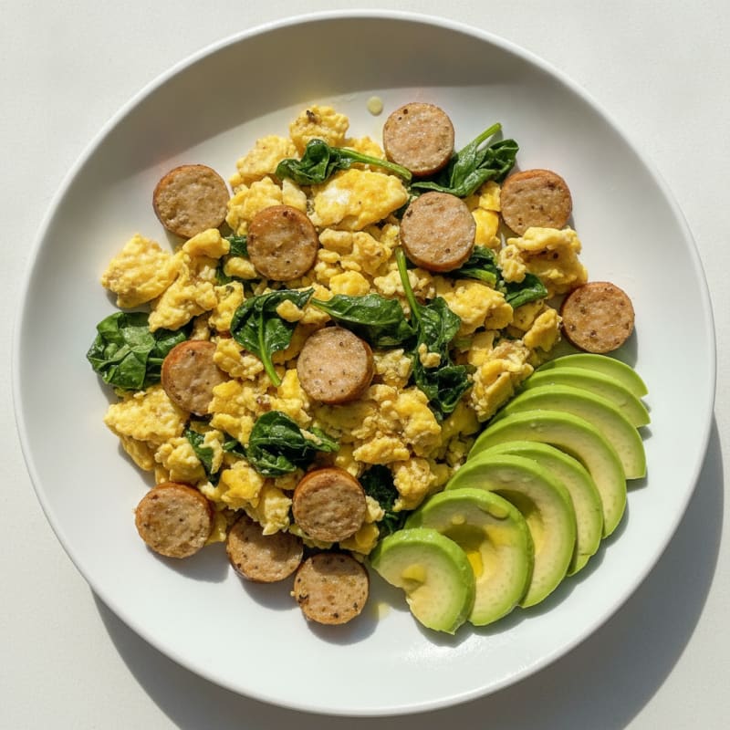 Scrambled Eggs with Chicken Sausage and Spinach
